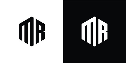 Letter M R Polygon, Hexagonal Minimal Logo Design On Black And White Background