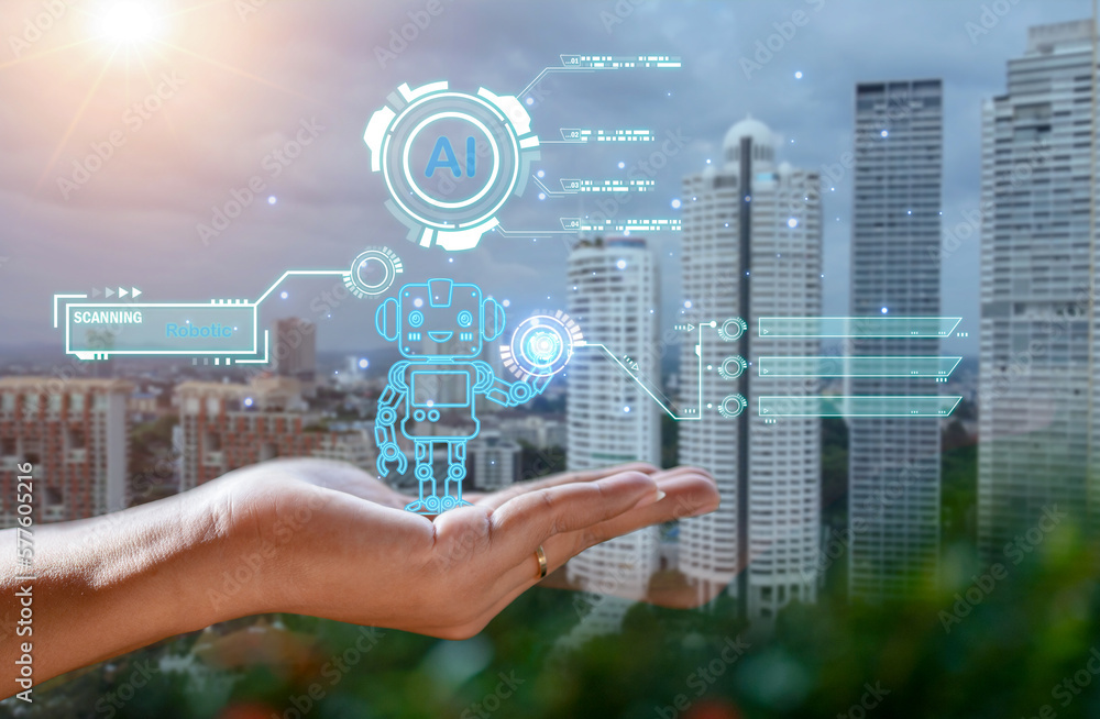 Poster the ai robot is on the human hand, representing the work of intelligent mechanical systems in the wo