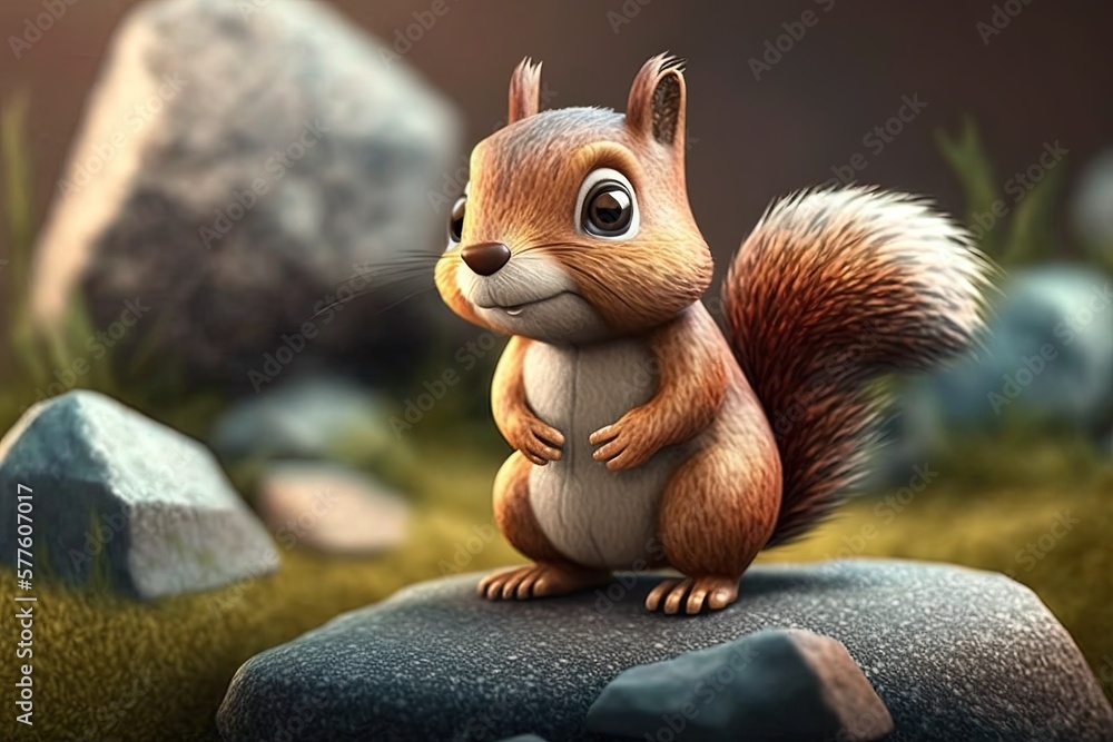 Poster image of a squirrel up close, perched on a rock generative ai
