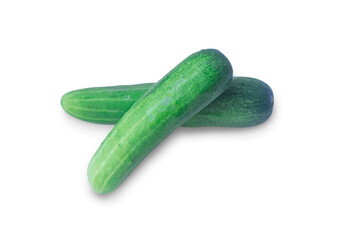 Top view of two fresh green cucumbers vegetable in stack, heap or pile isolated on white background with clipping path and shadow in png file format
