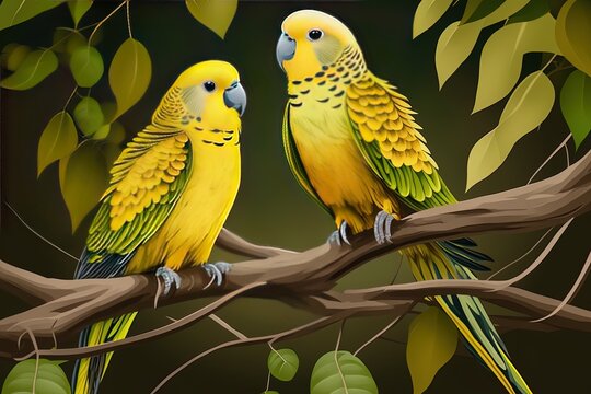 image of a pair of golden parakeets perched on a tree Generative AI