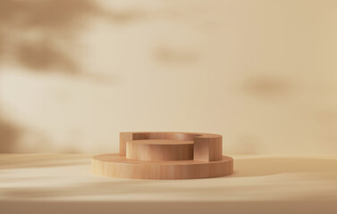 Geometric circle wood display stand showcases shadows of leaves on creamy yellow background