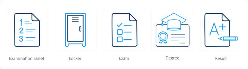 A set of 5 School icons as examination sheet, locker, exam