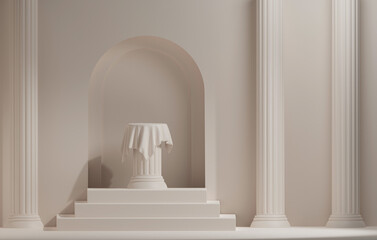 Ancient Greek style pillar podiums with cream white clothand door Classic pastel cream color background