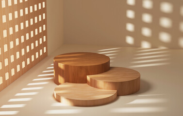 Geometric circle wood display stand showcases shadows of leaves on creamy yellow background