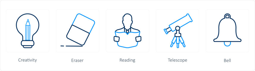 A set of 5 School icons as creativity, eraser, reading