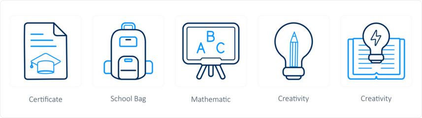 A set of 5 School icons as certificate, school bag, mathematic