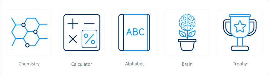 A set of 5 School icons as chemistry, calculator, alphabet