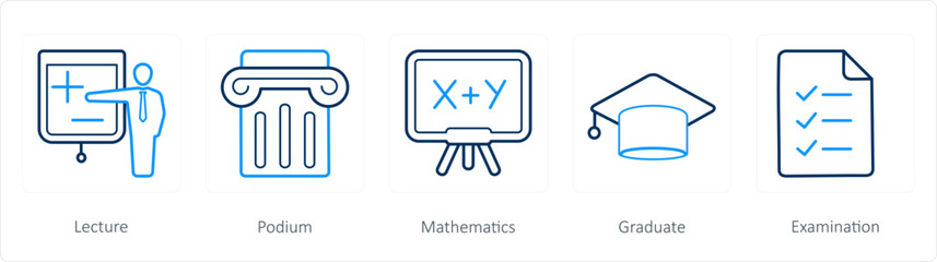 A set of 5 School icons as lecture, podium, mathematics