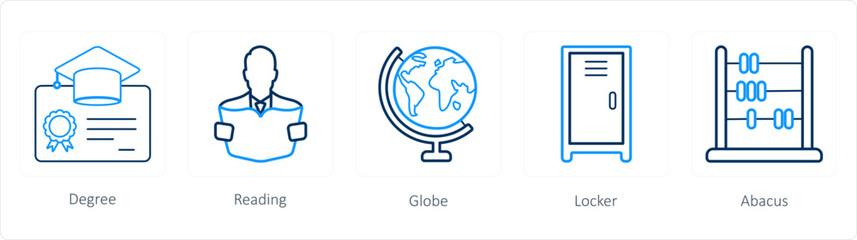 A set of 5 School icons as degree, reading, globe