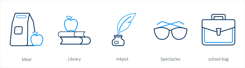 A set of 5 School icons as meal, library, inkpot