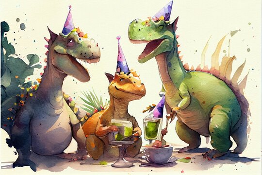 Cute dinosaur celebrating in party created by colorful watercolor technique. Theme of birthday event with food and drink wearing on birthday hat. Finest generative AI.