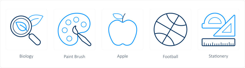 A set of 5 School icons as biology, paint brush, apple
