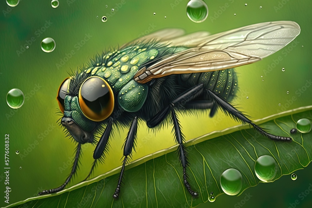 Poster a macro image of a fly on dew-covered green leaves generative ai
