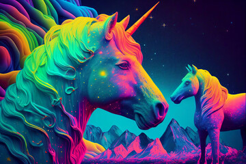 Colorful rainbow unicorns in fantasy land. Generative AI. - 577609406