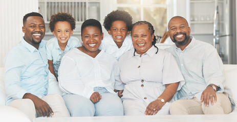 Happy, together and portrait of a black family on a sofa for bonding, visit or quality time. Smile,...