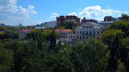 Obraz premium Green summer forest with city buildings behind. Clip. Blue cloudy sky and a small town behind trees.