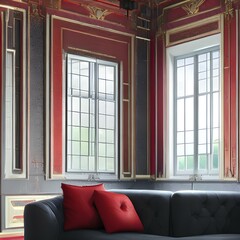 a room with a black couch and red walls2, Generative AI