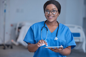 Black woman, portrait and nurse in hospital with tablet for healthcare planning, wellness analysis...