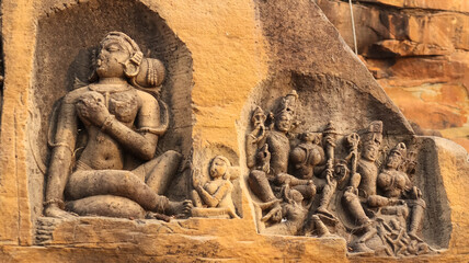 Fototapeta na wymiar The Beautiful Carvings of Hindu Deities on the Nilkanth Temple, Temple Dedicated to Lord Shiva, Kalinjar Fort, Uttar Pradesh, India.