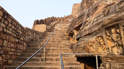 The Fortress of Kalinjar Fort, Rockcut Walls and Sculptures on the Fort, Kalinjar Fort, India.