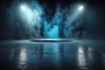 Neon blue lit empty warehouse scene with clouds of smoke  rising from the floor with spotlighting coming from above and a reflective floor grunge texture, Ai generated