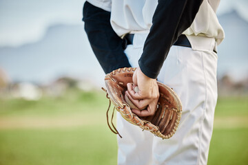 Hands, back view or baseball player training for a game or match on outdoor field or sports...