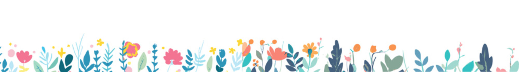 Horizontal white banner or floral background and border with multicolor blooming petals. Spring plants flat vector illustration on white background.