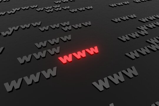 WWW symbols sign on black background 3d render. Hypertext transfer protocol secure web 3