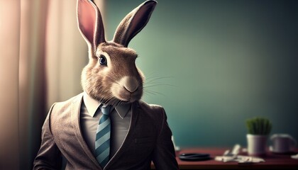 Easter bunny wearing a business suit posing in front of a studio background. Generative AI.