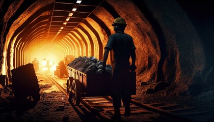 A miner pushing a wagon full of coal in a dark coal mine with lantern light in the background. Generative AI.