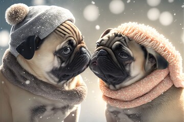 Two cute Pug dog in love on snow. Puppys celebrating winter, Generative AI