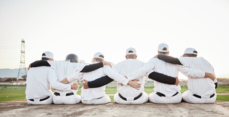 Support, hug and back of men in baseball for motivation, solidarity and collaboration at a park. Teamwork, community and players sitting together for sport, training and hugging for sports on a field