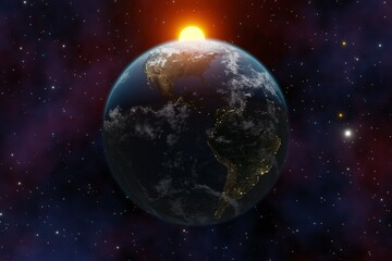 Concept of climate change, dark night, cities lights, sunrise. Beautiful 3d earth planet 3d render. World planet satellite, Stars, nebula and galaxy 3d render. Sunrise from outer space