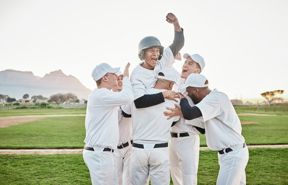 Baseball Men, Team Celebrate And Winning Competition, Game And Sports Goals, Success And Victory. Excited Group Of People Or Sport Winner Celebration, Cheers And Congratulations Hug Together On Pitch