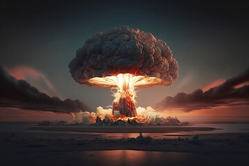 Nuclear explosion. Word nuclear war. Nuclear mushroom over water created with Generative AI technology