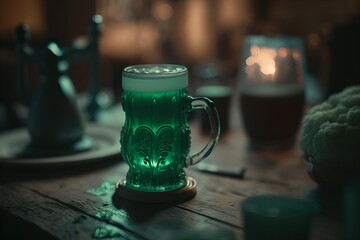 Beautiful beer mug with green beer on a wooden table in a pub. Saint Patrick's Day holiday. Generative AI.