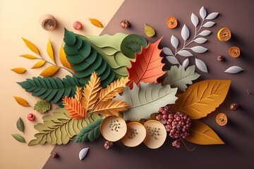A paper cut out of a variety of leaves and fruits made with generative AI 