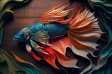 Fototapeta premium A colorful paper cut betta fish made with generative AI