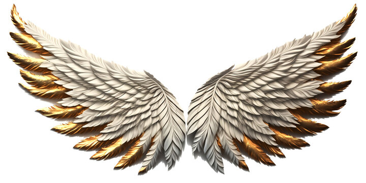 Golden White angel wings render 3D feather bird wings isolated on white background Generated by Ai