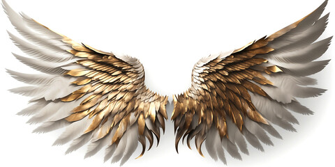 Golden White angel wings render 3D feather bird wings isolated on white background Generated by Ai - obrazy, fototapety, plakaty