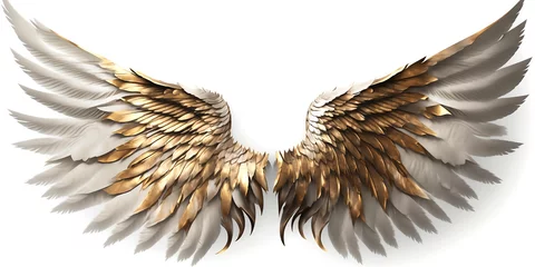 Fotobehang Golden White angel wings render 3D feather bird wings isolated on white background Generated by Ai © Rattanapon