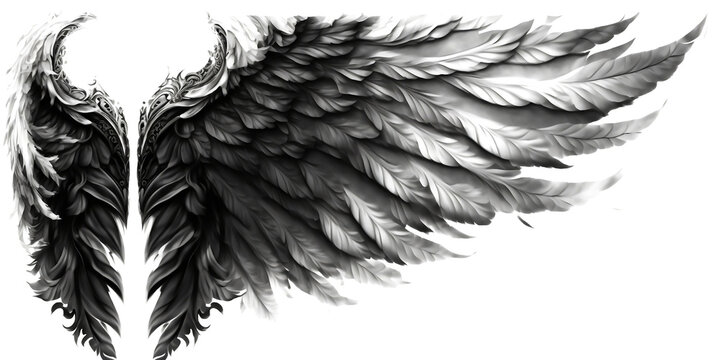 Black angel wings render 3D feather bird wings isolated on white background Generated by Ai