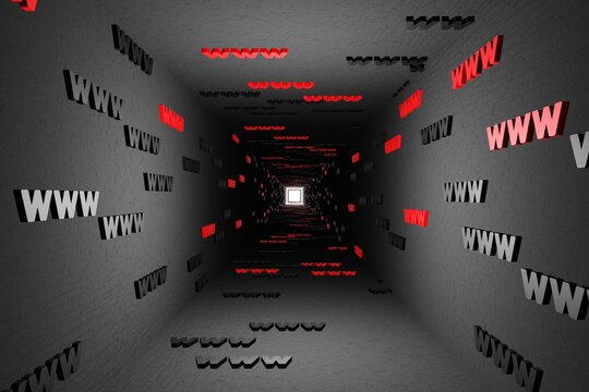 WWW symbols sign in black tunnel background 3d render. Hypertext transfer protocol secure web 3