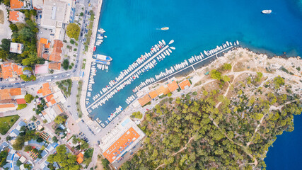 Take in the breathtaking view of Croatia's ports and marinas from above, showcasing luxurious yachts in a stunning drone photo.