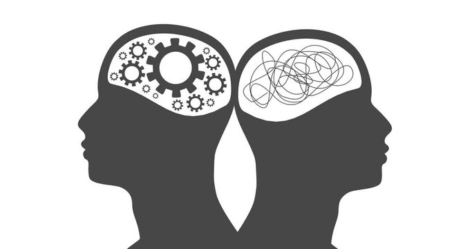 Metaphor bipolar disorder mind mental. Split personality. Concept mood disorder. Two head silhouette. Psychology and mental health. Dual personality concept. Tangle and order