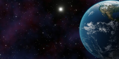 Beautiful 3d earth planet 3d render. Concept of climate change, dark night, cities lights, sunrise. World planet satellite, Stars, nebula and galaxy. Sunrise from outer space