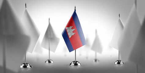 The national flag of the Cambodia surrounded by white flags