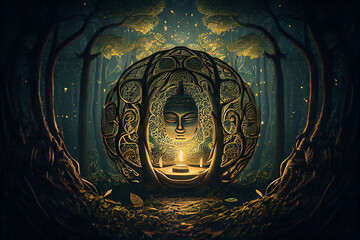 Buddha purnima vesak spirit in a mystical arcane forest. Generative AI