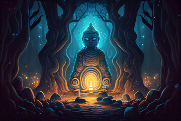 Buddha purnima vesak spirit in a mystical arcane forest. Generative AI